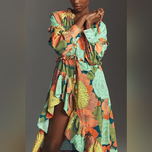 New with Tags Farm Rio for Anthropologie Long Sleeve Floral Midi Dress, Small - Picture 2 of 9
